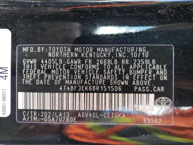 4T4BF3EK6BR151506 - 2011 TOYOTA CAMRY XLE BLACK photo 10