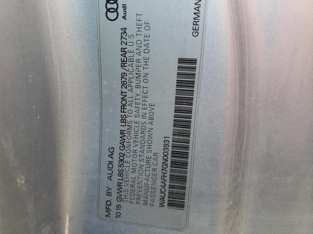 WAUC4AFH7GN003931 - 2016 AUDI S5 PREMIUM 银色 照片 10