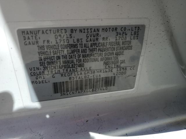 3N1CN7APXGL827460 - 2016 NISSAN VERSA S WHITE photo 10