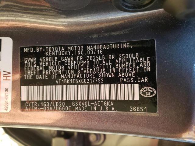 4T1BK1EBXGU217752 - 2016 TOYOTA AVALON XLE GRAY photo 10