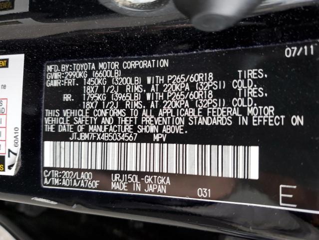 JTJBM7FX4B5034567 - 2011 LEXUS GX 460 BLACK photo 10