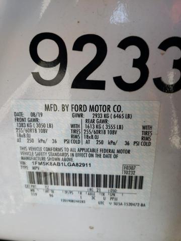 1FM5K8AB1LGA82911 - 2020 FORD EXPLORER P WHITE photo 10