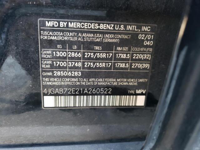 4JGAB72E21A260522 - 2001 MERCEDES-BENZ ML 430 BLACK photo 10