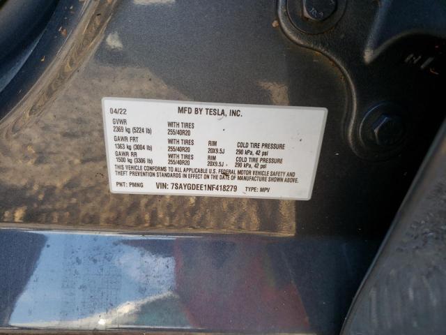 7SAYGDEE1NF418279 - 2022 TESLA MODEL Y رمادي صورة 10
