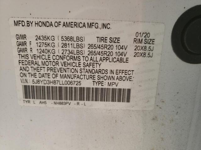 5J8YD3H87LL006725 - 2020 ACURA MDX ADVANC WHITE photo 10