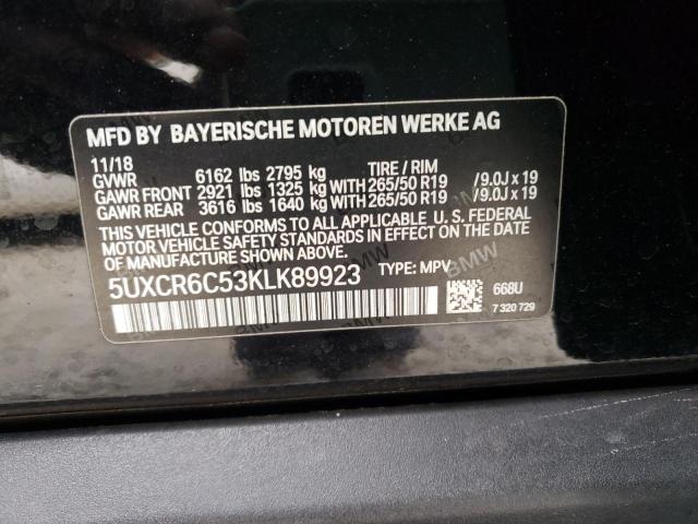 5UXCR6C53KLK89923 - 2019 BMW X5 XDRIVE4 BLACK photo 10