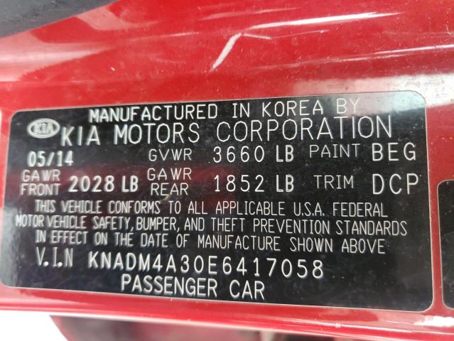 KNADM4A30E6417058 - 2014 KIA RIO LX RED photo 10