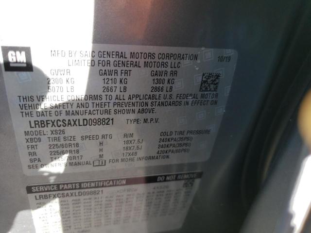 LRBFXCSAXLD098821 - 2020 BUICK ENVISION E GRAY photo 10