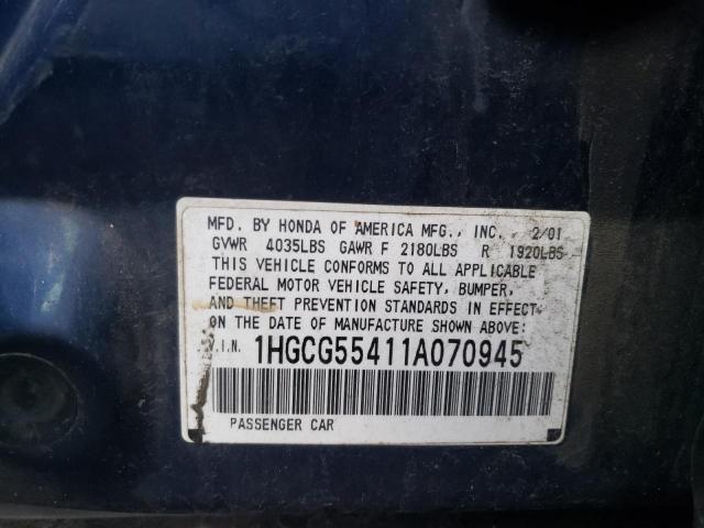 1HGCG55411A070945 - 2001 HONDA ACCORD BLUE photo 10