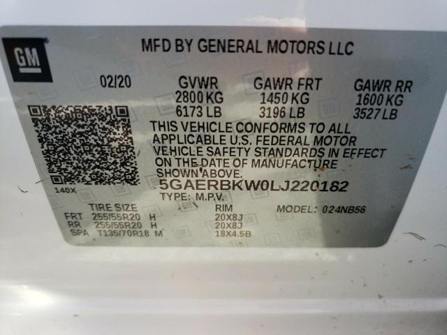 5GAERBKW0LJ220182 - 2020 BUICK ENCLAVE ES WHITE photo 10