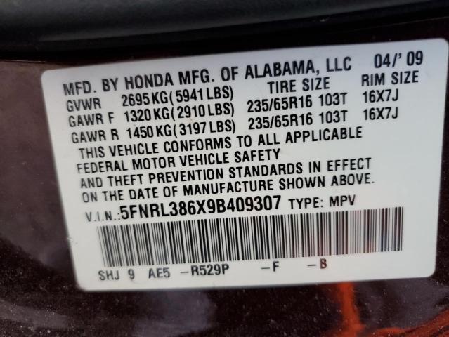 5FNRL386X9B409307 - 2009 HONDA ODYSSEY EX MAROON photo 10