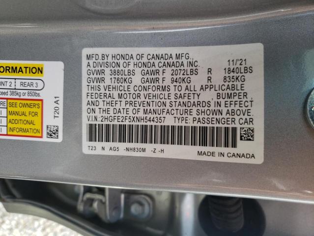 2HGFE2F5XNH544357 - 2022 HONDA CIVIC SPOR SILVER photo 10