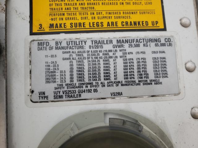 1UYVS2533GU419205 - 2016 UTILITY TRAILER თეთრი ფოტო 10
