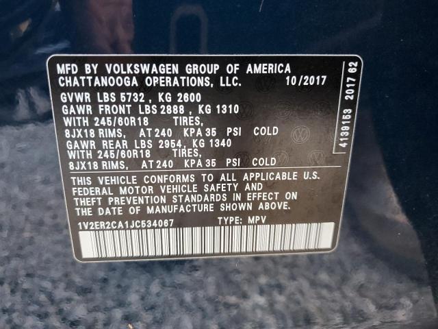 1V2ER2CA1JC534067 - 2018 VOLKSWAGEN ATLAS SEL Mavi foto 10