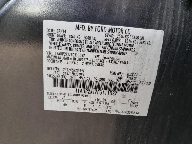 1FAHP2KT7FG111037 - 2015 FORD TAURUS SHO GRAY photo 10