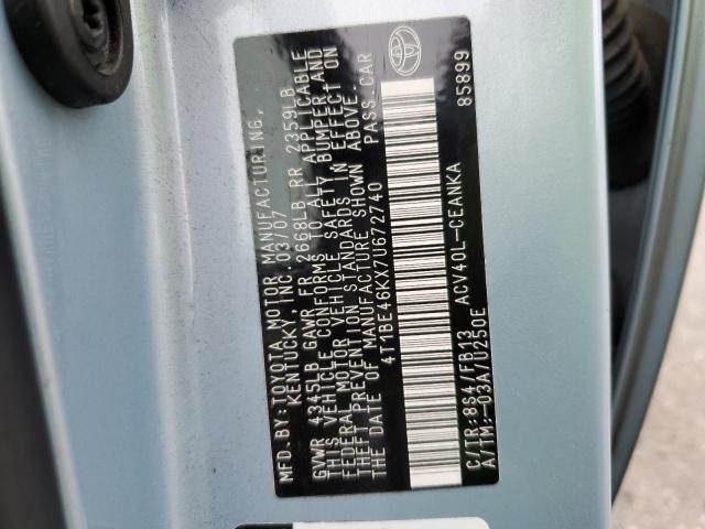 4T1BE46KX7U672740 - 2007 TOYOTA CAMRY CE BLUE photo 10