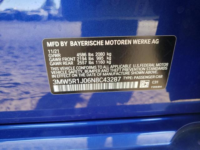 3MW5R1J06N8C43287 - 2022 BMW 330I BLUE photo 10