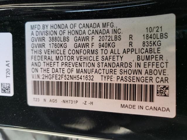 2HGFE2F52NH541632 - 2022 HONDA CIVIC SPOR BLACK photo 10