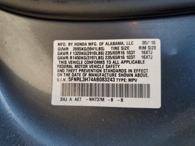 5FNRL3H74AB083243 - 2010 HONDA ODYSSEY EX CHARCOAL photo 10