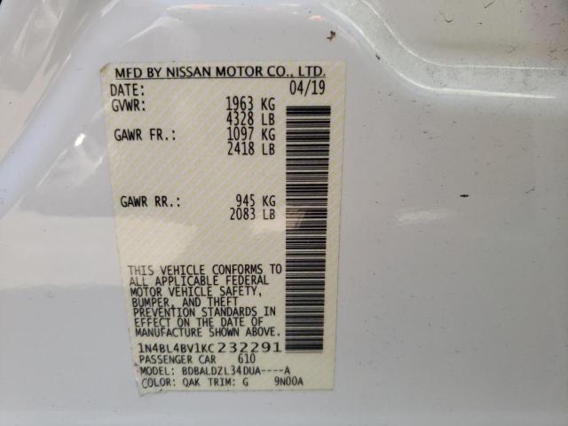 1N4BL4BV1KC232291 - 2019 NISSAN ALTIMA S WHITE photo 10