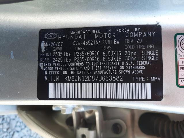 KM8JN12D87U633582 - 2007 HYUNDAI TUCSON SE BEIGE photo 10