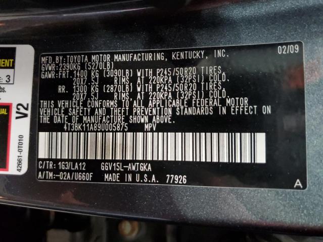 4T3BK11A89U005875 - 2009 TOYOTA VENZA GRAY photo 10