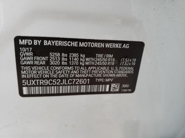 5UXTR9C52JLC72601 - 2018 BMW X3 XDRIVE3 WHITE photo 10