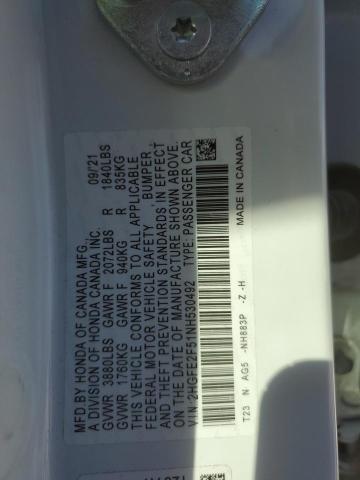 2HGFE2F51NH530492 - 2022 HONDA CIVIC SPOR WHITE photo 10