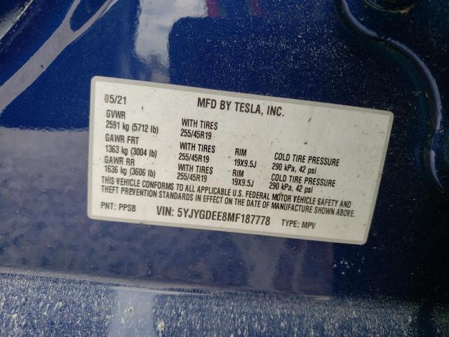 5YJYGDEE8MF187778 - 2021 TESLA MODEL Y أزرق صورة 10