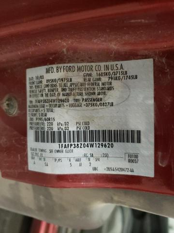 1FAFP38Z04W129620 - 2004 FORD FOCUS ZTS RED photo 10