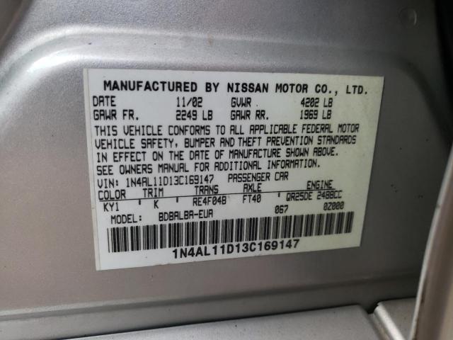 1N4AL11D13C169147 - 2003 NISSAN ALTIMA BAS SILVER photo 10