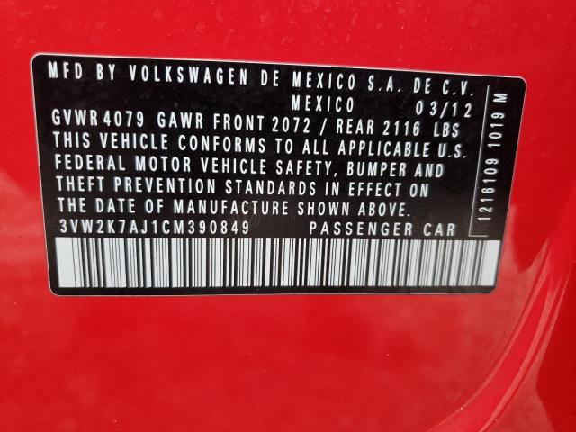 3VW2K7AJ1CM390849 - 2012 VOLKSWAGEN JETTA BASE RED photo 10