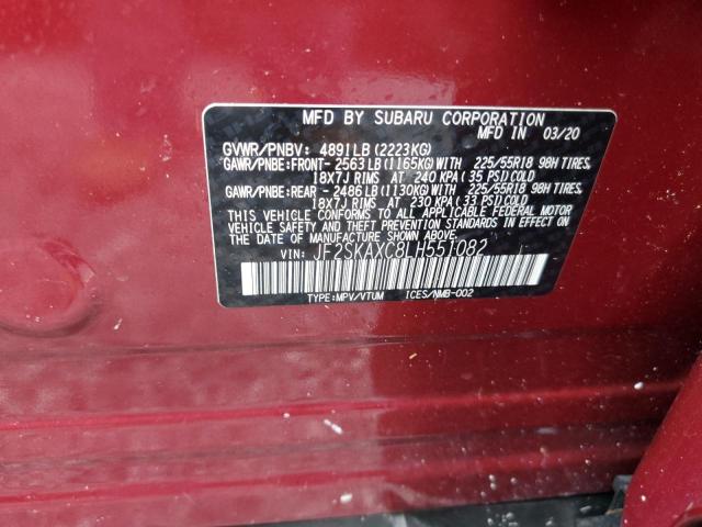 JF2SKAXC8LH551082 - 2020 SUBARU FORESTER T MAROON photo 10