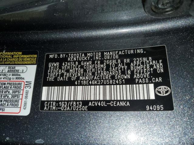 4T1BE46K27U582451 - 2007 TOYOTA CAMRY LE A CHARCOAL photo 10