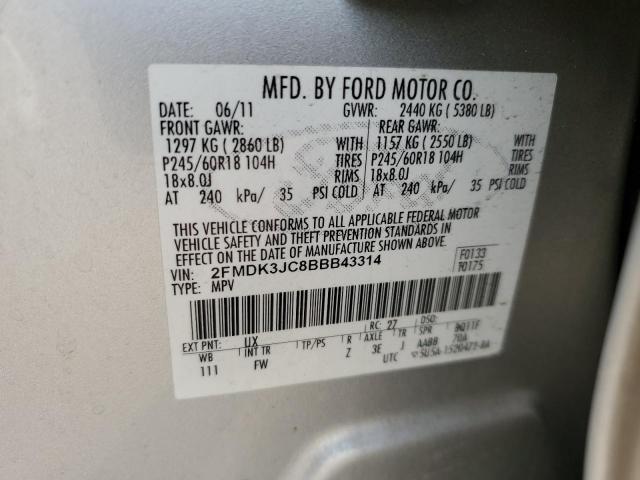 2FMDK3JC8BBB43314 - 2011 FORD EDGE SEL SILVER photo 10