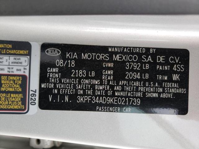 3KPF34AD9KE021739 - 2019 KIA FORTE GT L SILVER photo 10