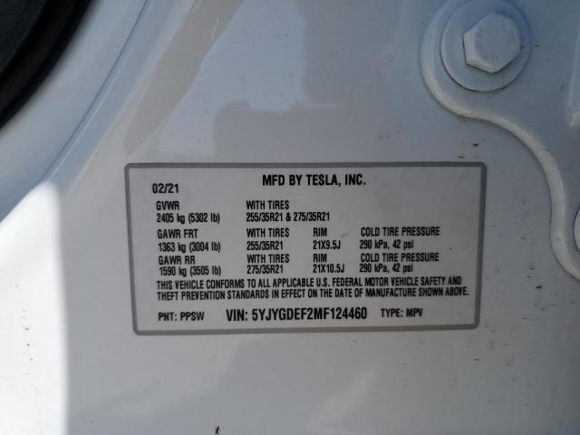 5YJYGDEF2MF124460 - 2021 TESLA MODEL Y أبيض صورة 10