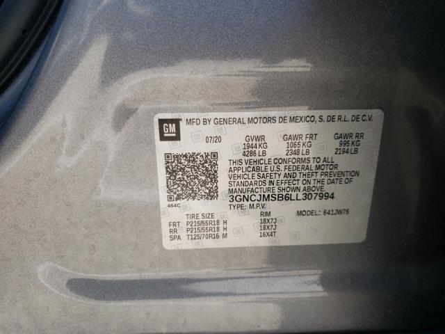 3GNCJMSB6LL307994 - 2020 CHEVROLET TRAX PREMI GRAY photo 10