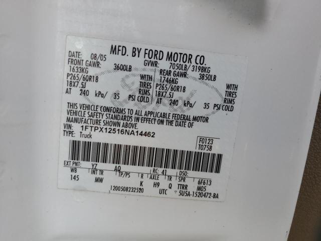 1FTPX12516NA14462 - 2006 FORD F150 WHITE photo 10