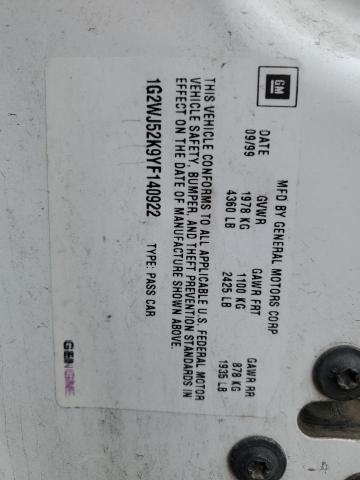 1G2WJ52K9YF140922 - 2000 PONTIAC GRAND PRIX თეთრი ფოტო 10