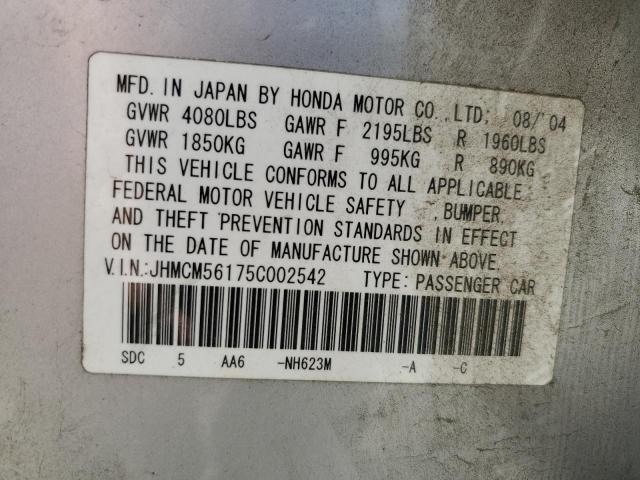 JHMCM56175C002542 - 2005 HONDA ACCORD DX SILVER photo 10