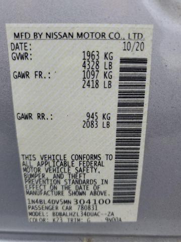 1N4BL4DV5MN304100 - 2021 NISSAN ALTIMA SV SILVER photo 10