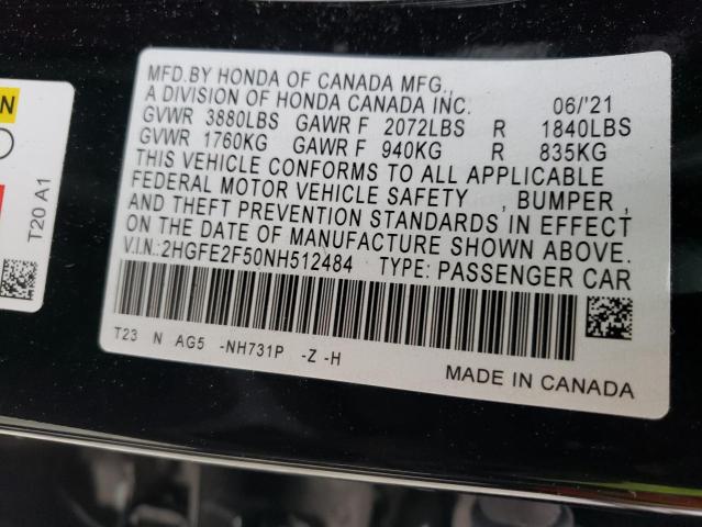2HGFE2F50NH512484 - 2022 HONDA CIVIC SPOR BLACK photo 10