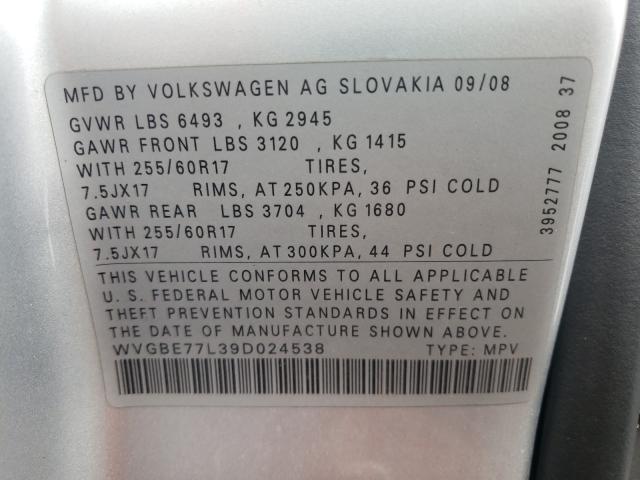 WVGBE77L39D024538 - 2009 VOLKSWAGEN TOUAREG 2 SILVER photo 10