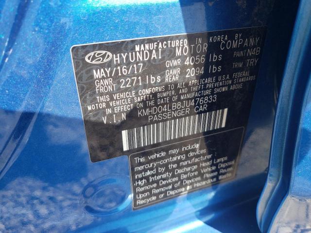 KMHD04LB8JU476833 - 2018 HYUNDAI ELANTRA SP BLUE photo 10