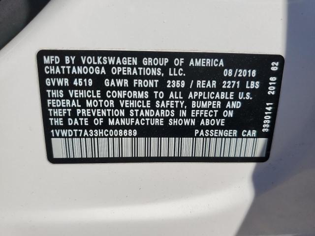 1VWDT7A33HC008689 - 2017 VOLKSWAGEN PASSAT R-L WHITE photo 10