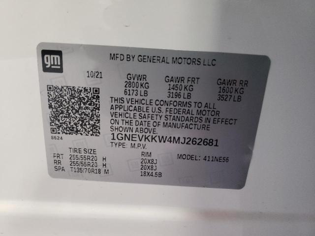 1GNEVKKW4MJ262681 - 2021 CHEVROLET TRAVERSE P WHITE photo 10