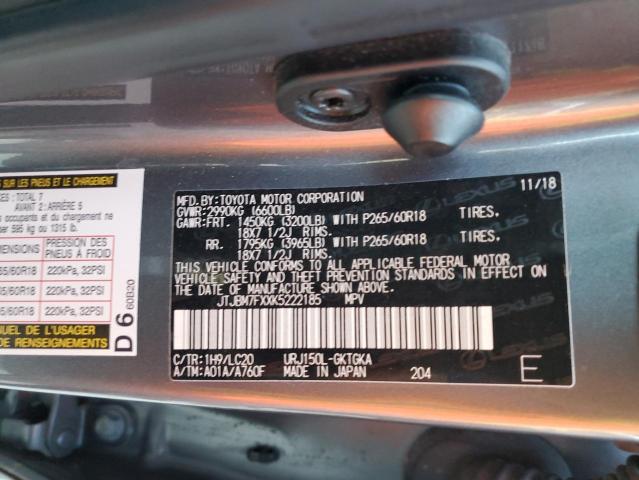 JTJBM7FXXK5222185 - 2019 LEXUS GX 460 GRAY photo 10