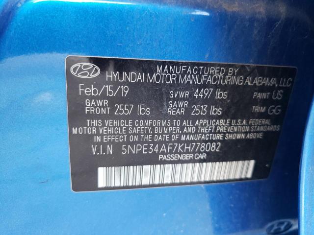 5NPE34AF7KH778082 - 2019 HYUNDAI SONATA LIM BLUE photo 10