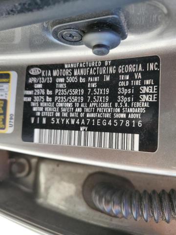 5XYKW4A71EG457816 - 2014 KIA SORENTO SX GRAY photo 10